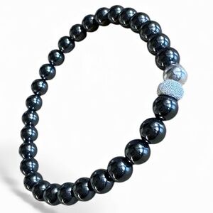 Hematite Beaded Bracelet Jet Metallic Gray Sterling Silver Stardust Stretch 6”
